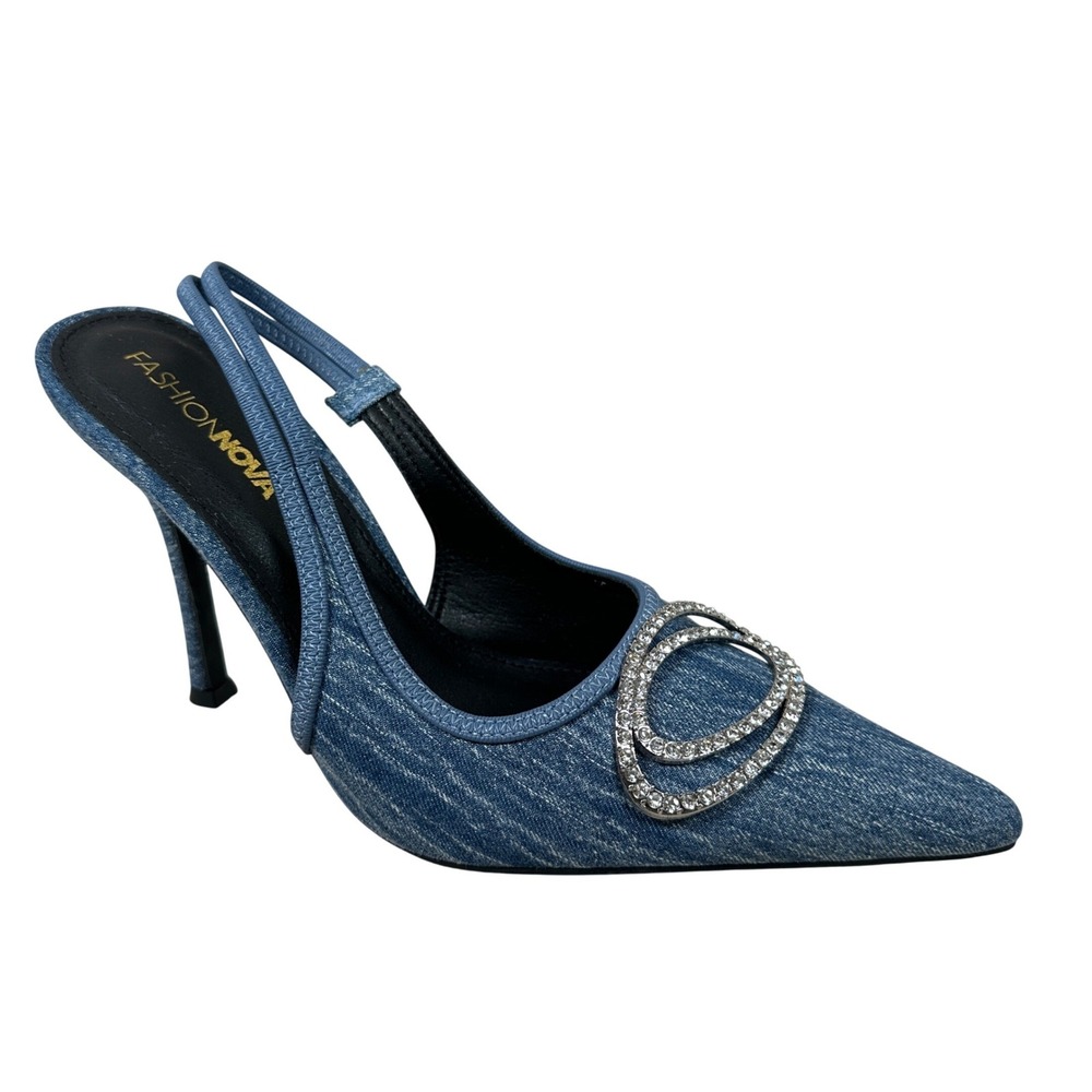 Blue Denim Pointed toe slingback Rhinestone Buckle Stiletto Heels Size 9 Y2K